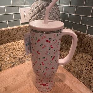 Swig Cherry Pattern Tumbler with Straw - White and Pink